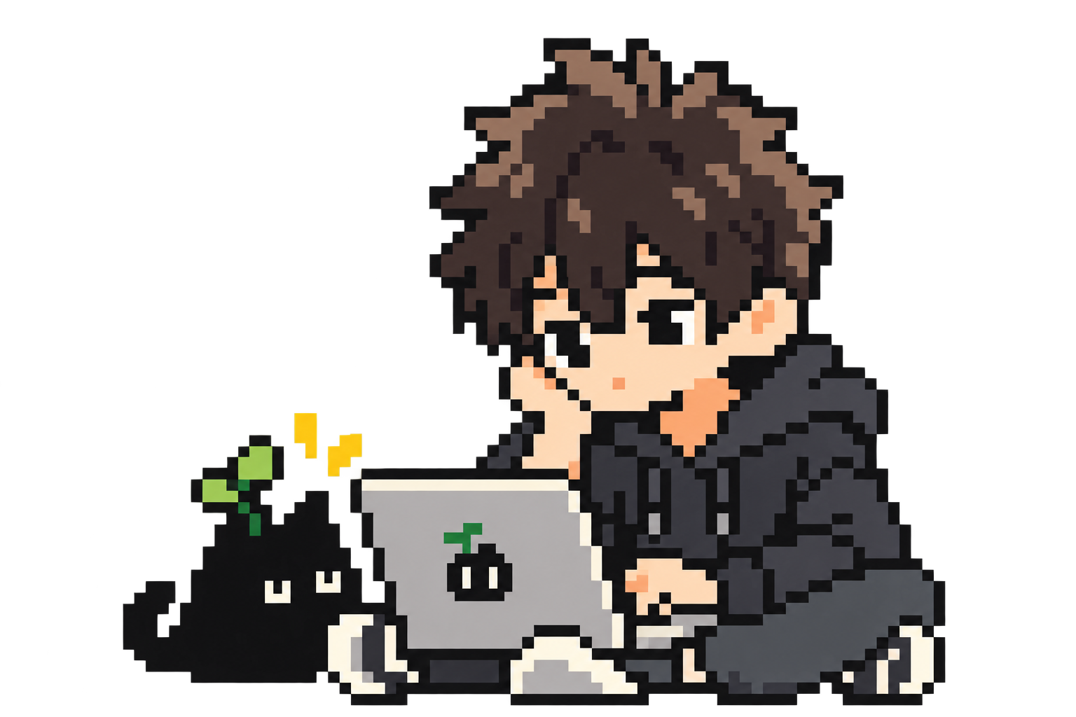 Mike coding on a laptop next to a black cat with a sprout